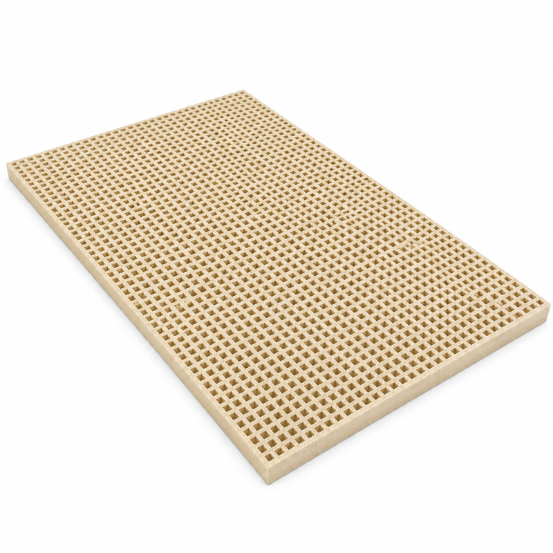 Fiberglass FRP Molded Grating Minimesh, 0.75" x 0.75" x 1" H, 4' W x 12' L, Fire Retardant, Gritted, RAL1001 Beige, ISO Resin