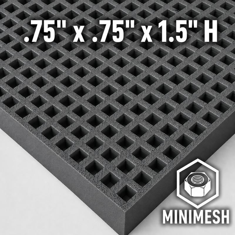Grating - Minimesh, Profile: 0.75" x 0.75" x 1.5" H, Size: 4' W x 8' L, Fire Retardant: Yes, Grit: Yes, Color: RAL7012-BasaltGrey, Resin: ISO