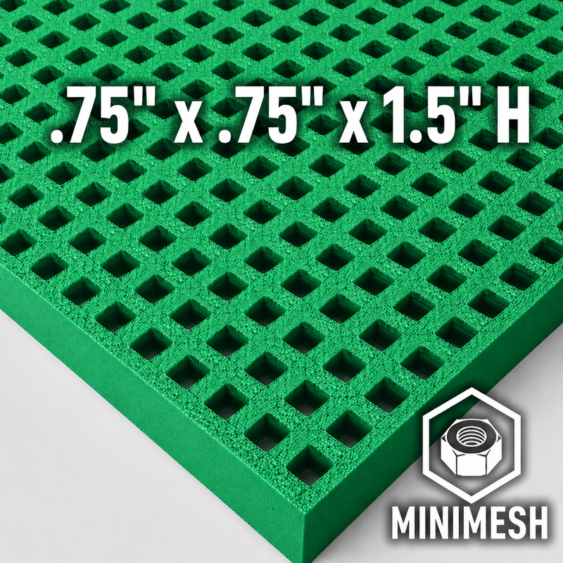 Grating - Minimesh, Profile: 0.75" x 0.75" x 1.5" H, Size: 4' W x 8' L, Fire Retardant: Yes, Grit: Yes, Color: RAL6032-SignalGreen, Resin: ISO