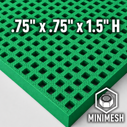 Grating - Minimesh, Profile: 0.75" x 0.75" x 1.5" H, Size: 4' W x 8' L, Fire Retardant: Yes, Color: RAL6032-SignalGreen, Resin: ISO