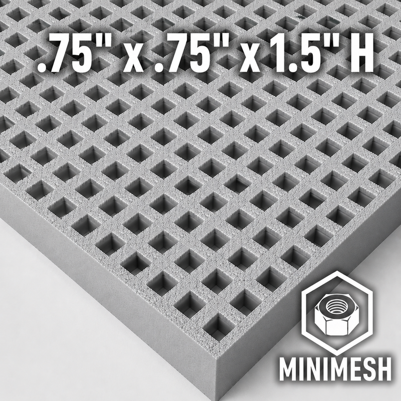 Grating - Minimesh, Profile: 0.75" x 0.75" x 1.5" H, Size: 4' W x 8' L, Fire Retardant: Yes, Grit: Yes, Color: RAL7004-SignalGrey, Resin: ISO
