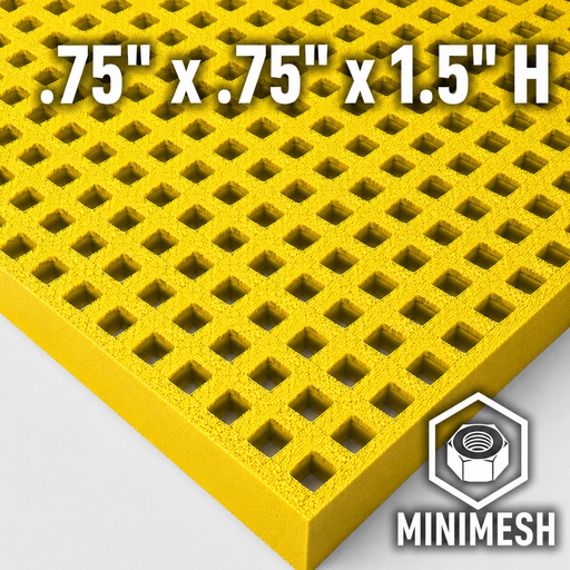 Grating - Minimesh, Profile: 0.75" x 0.75" x 1.5" H, Size: 4' W x 8' L, Fire Retardant: Yes, Color: RAL1003-SignalYellow, Resin: ISO
