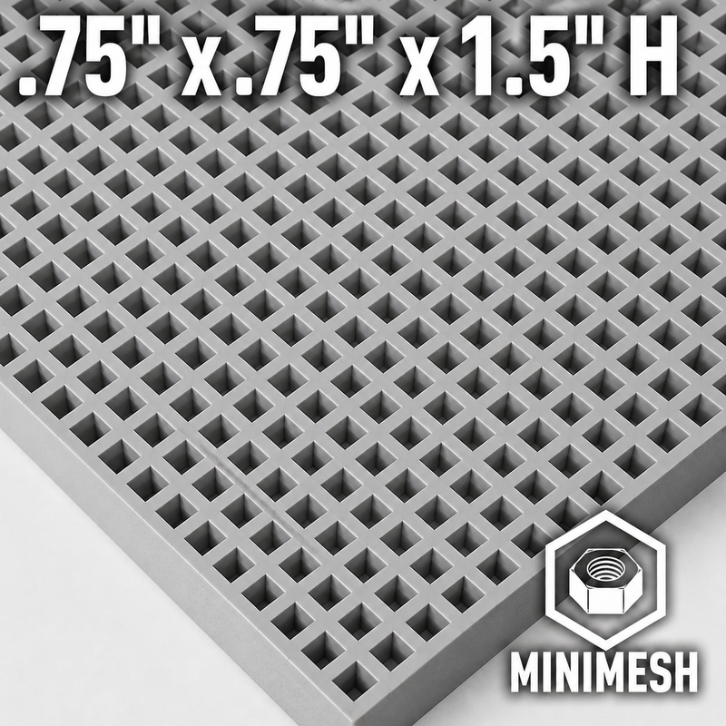 Grating - Minimesh, Profile: 0.75" x 0.75" x 1.5" H, Size: 4' W x 8' L, Fire Retardant: Yes, Grit: No, Color: RAL7004-SignalGrey, Resin: ISO