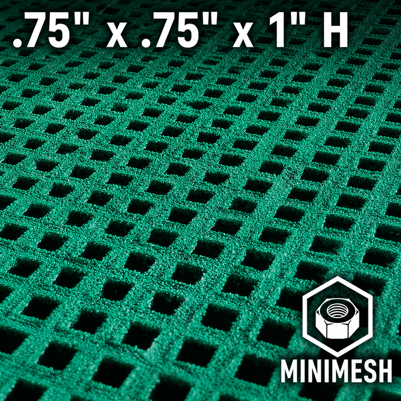 Grating - Minimesh, Profile: 0.75" x 0.75" x 1" H, Size: 4' W x 8' L, Fire Retardant: Yes, Grit: Yes, Color: RAL6032-SignalGreen, Resin: ISO