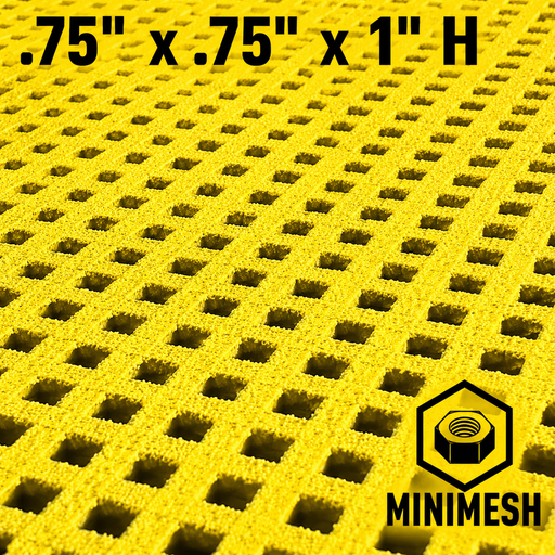 Grating - Minimesh, Profile: 0.75" x 0.75" x 1" H, Size: 4' W x 12' L, Fire Retardant: Yes, Color: RAL1003-SignalYellow, Resin: ISO