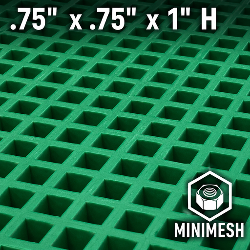 Grating - Minimesh, Profile: 0.75" x 0.75" x 1" H, Size: 4' W x 8' L, Fire Retardant: Yes, Color: RAL6032-SignalGreen, Resin: ISO