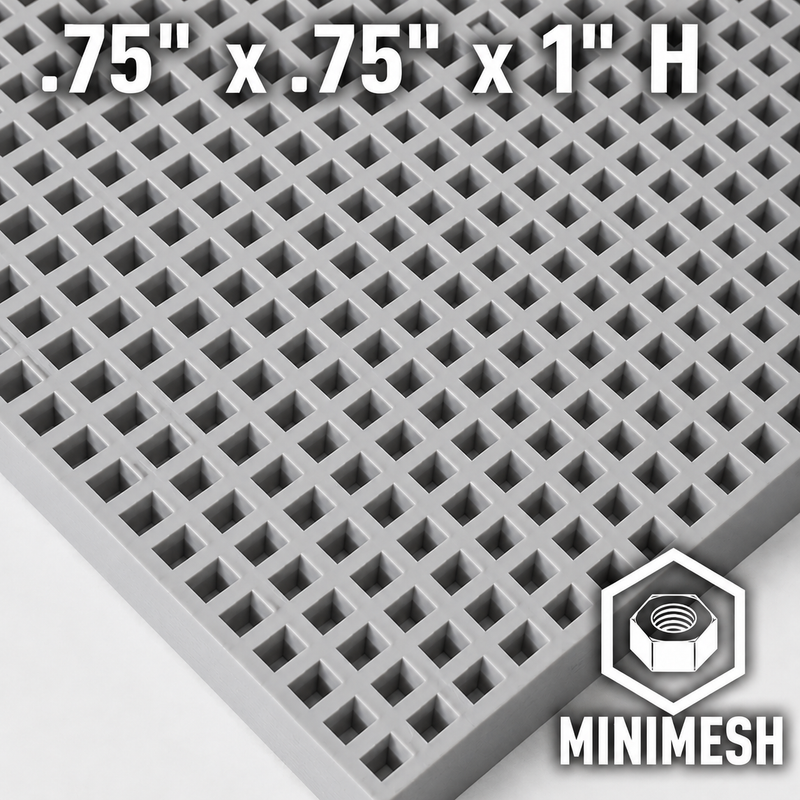 Fiberglass Molded Grating Minimesh, 0.75" x 0.75" x 1" H, 4' W x 12' L, RAL7004 Signal Grey, ISO Resin