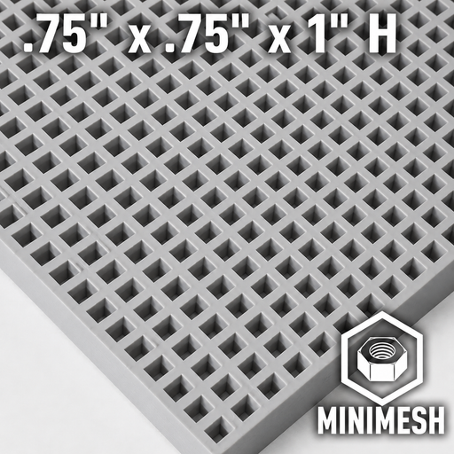 Fiberglass Molded Grating Minimesh, 0.75" x 0.75" x 1" H, 4' W x 12' L, RAL7004 Signal Grey, ISO Resin
