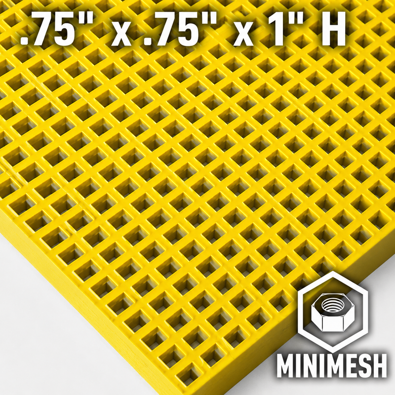 Grating - Minimesh, Profile: 0.75" x 0.75" x 1" H, Size: 4' W x 8' L, Fire Retardant: Yes, Color: RAL1003-SignalYellow, Resin: ISO