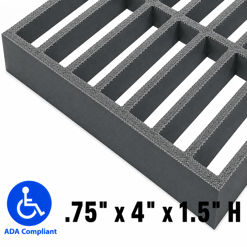 Grating - Standard, Profile: 0.75" x 4" x 1.5" H, Size: 4' W x 8' L, Fire Retardant: Yes, Grit: Yes, Color: RAL7012-BasaltGrey, Resin: ISO