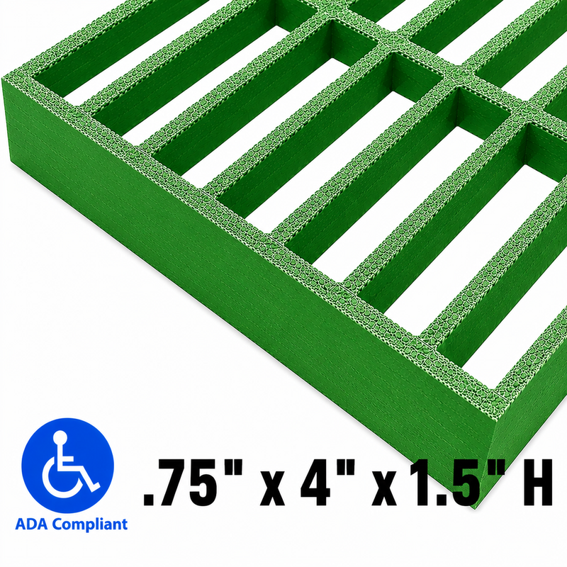 Grating - Standard, Profile: 0.75" x 4" x 1.5" H, Size: 4' W x 8' L, Fire Retardant: Yes, Color: RAL6032-SignalGreen, Resin: ISO