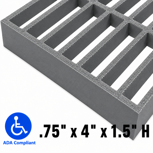 Grating - Standard, Profile: 0.75" x 4" x 1.5" H, Size: 4' W x 8' L, Fire Retardant: Yes, Color: RAL7004-SignalGrey, Resin: ISO