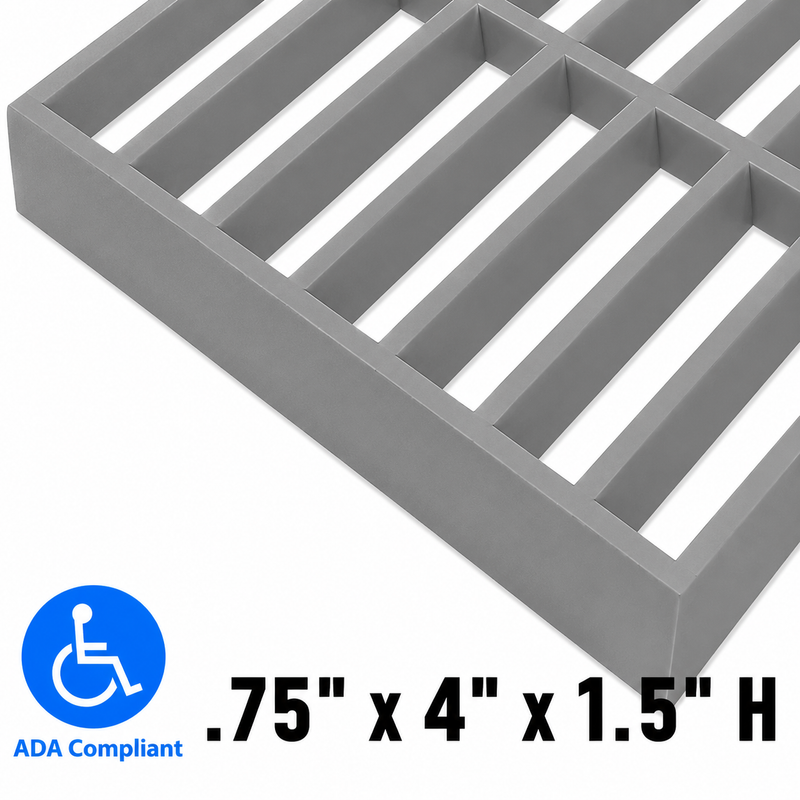 Grating - Standard, Profile: 0.75" x 4" x 1.5" H, Size: 4' W x 8' L, Fire Retardant: Yes, Color: RAL7004-SignalGrey, Resin: ISO