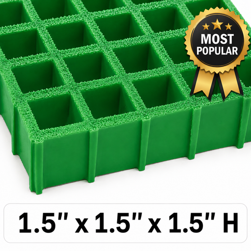 Grating - Standard, Profile: 1.5" x 1.5" x 1.5" H, Size: 5' W x 12' L, Fire Retardant: Yes, Color: RAL6032-SignalGreen, Resin: ISO