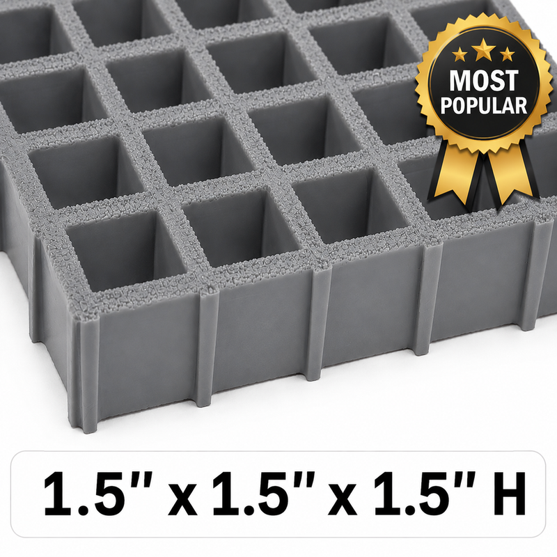 Grating - Standard, Profile: 1.5" x 1.5" x 1.5" H, Size: 5' W x 12' L, Fire Retardant: Yes, Color: RAL7004-SignalGrey, Resin: ISO