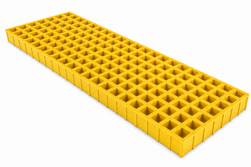 Fiberglass FRP Molded Grating Standard, 1.5" x 1.5" x 1.5" H, 4' W x 12' L, Fire Retardant, Gritted, RAL1003 Signal Yellow, ISO Resin