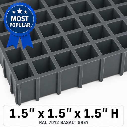 Grating - Standard, Profile: 1.5" x 1.5" x 1.5" H, Size: 4' W x 12' L, Fire Retardant: Yes, Color: RAL7012-BasaltGrey, Resin: ISO