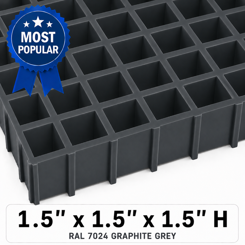 Fiberglass Molded Grating Standard, 1.5" x 1.5" x 1.5" H, 4' W x 12' L, RAL7012 Basalt Grey, ISO Resin
