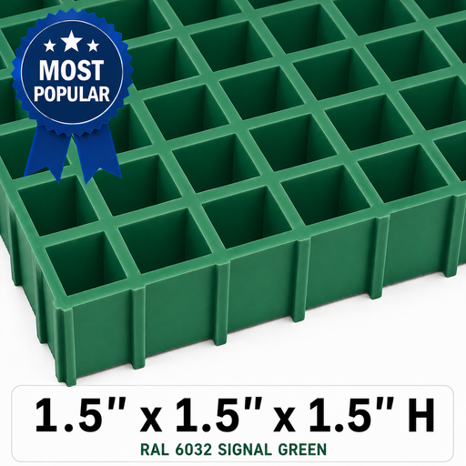 Grating - Standard, Profile: 1.5" x 1.5" x 1.5" H, Size: 5' W x 12' L, Fire Retardant: Yes, Color: RAL6032-SignalGreen, Resin: ISO