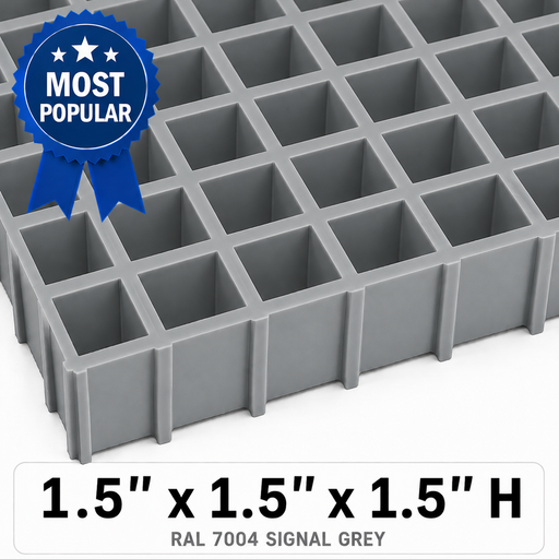 Grating - Standard, Profile: 1.5" x 1.5" x 1.5" H, Size: 5' W x 12' L, Fire Retardant: Yes, Color: RAL7004-SignalGrey, Resin: ISO