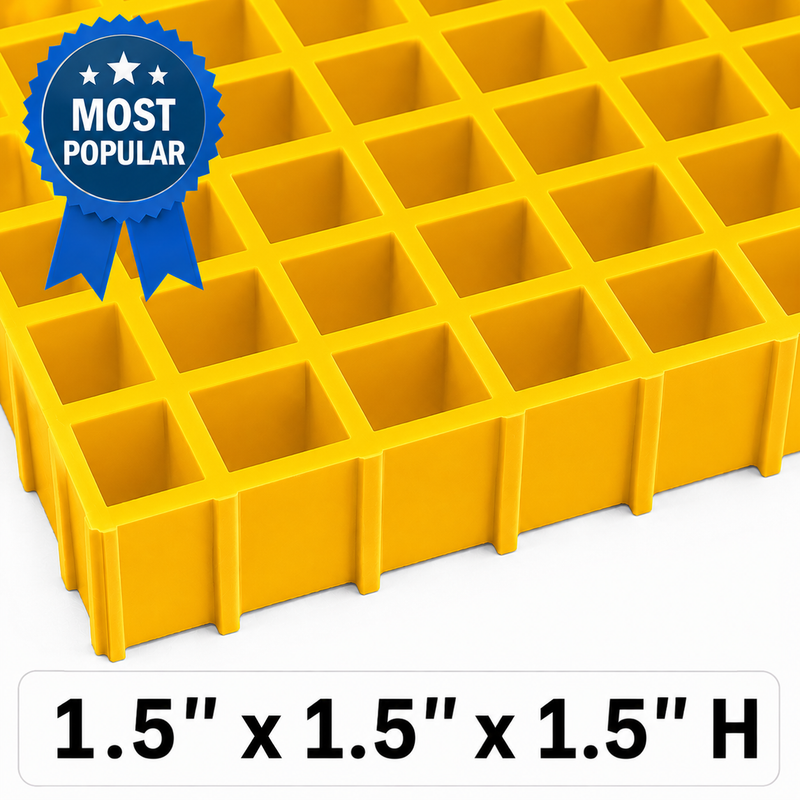 Grating - Standard, Profile: 1.5" x 1.5" x 1.5" H, Size: 4' W x 12' L, Fire Retardant: Yes, Color: RAL1003-SignalYellow, Resin: ISO