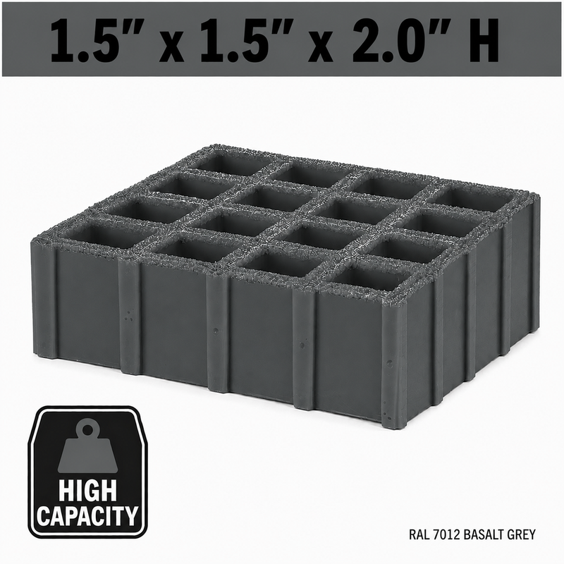 Grating - High Capacity, Profile: 1.5" x 1.5" x 2" H, Size: 4' W x 8' L, Fire Retardant: Yes, Grit: Yes, Color: RAL7012-BasaltGrey, Resin: ISO
