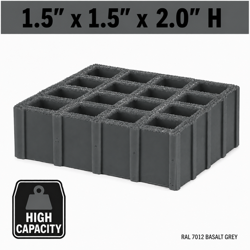 Grating - High Capacity, Profile: 1.5" x 1.5" x 2" H, Size: 4' W x 8' L, Fire Retardant: Yes, Grit: Yes, Color: RAL7012-BasaltGrey, Resin: ISO