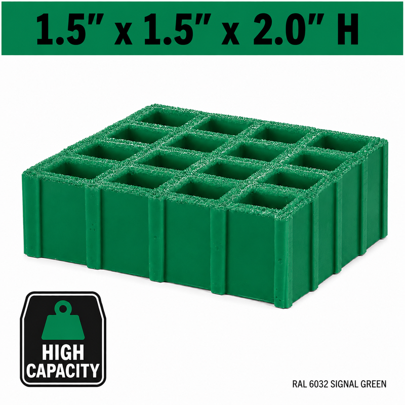 Grating - High Capacity, Profile: 1.5" x 1.5" x 2" H, Size: 4' W x 8' L, Fire Retardant: Yes, Grit: Yes, Color: RAL6032-SignalGreen, Resin: ISO