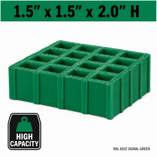 Grating - High Capacity, Profile: 1.5" x 1.5" x 2" H, Size: 4' W x 8' L, Fire Retardant: Yes, Grit: Yes, Color: RAL6032-SignalGreen, Resin: ISO