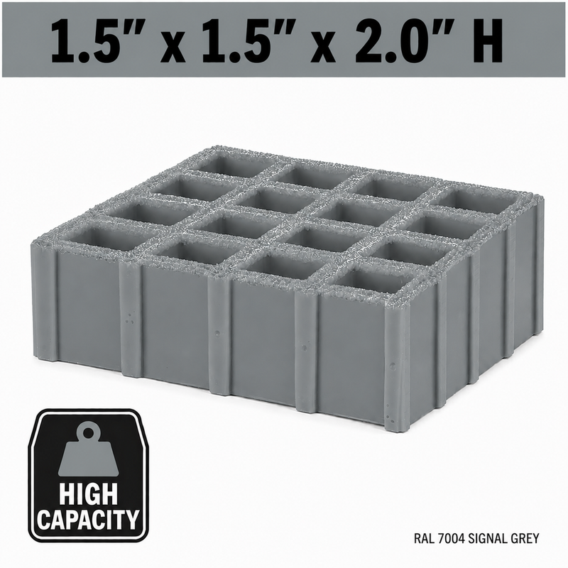 Grating - High Capacity, Profile: 1.5" x 1.5" x 2" H, Size: 4' W x 8' L, Fire Retardant: Yes, Grit: Yes, Color: RAL7004-SignalGrey, Resin: ISO