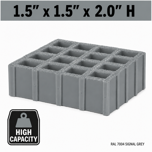 Grating - High Capacity, Profile: 1.5" x 1.5" x 2" H, Size: 4' W x 8' L, Fire Retardant: Yes, Grit: Yes, Color: RAL7004-SignalGrey, Resin: ISO
