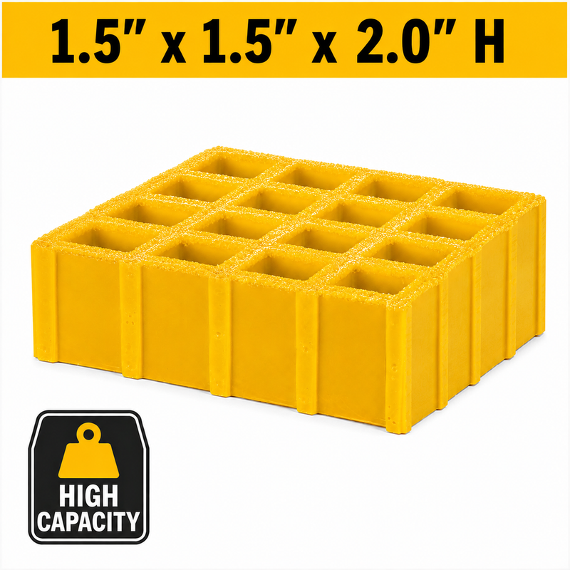 Grating - High Capacity, Profile: 1.5" x 1.5" x 2" H, Size: 4' W x 8' L, Fire Retardant: Yes, Grit: Yes, Color: RAL1003-SignalYellow, Resin: ISO