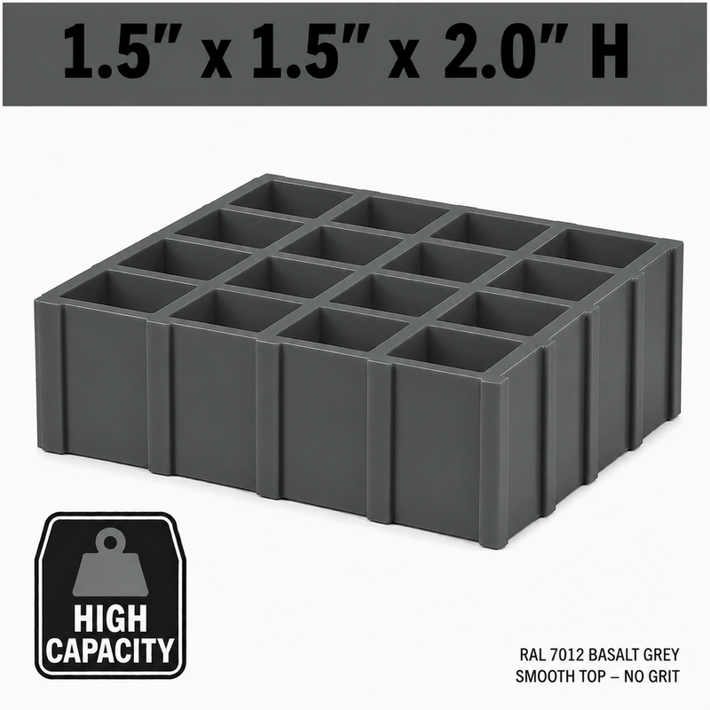 Grating - High Capacity, Profile: 1.5" x 1.5" x 2" H, Size: 4' W x 8' L, Fire Retardant: Yes, Grit: No, Color: RAL7012-BasaltGrey, Resin: ISO