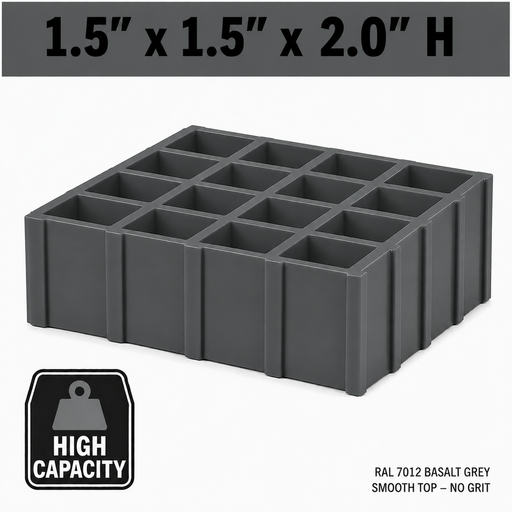Grating - High Capacity, Profile: 1.5" x 1.5" x 2" H, Size: 4' W x 8' L, Fire Retardant: Yes, Grit: No, Color: RAL7012-BasaltGrey, Resin: ISO