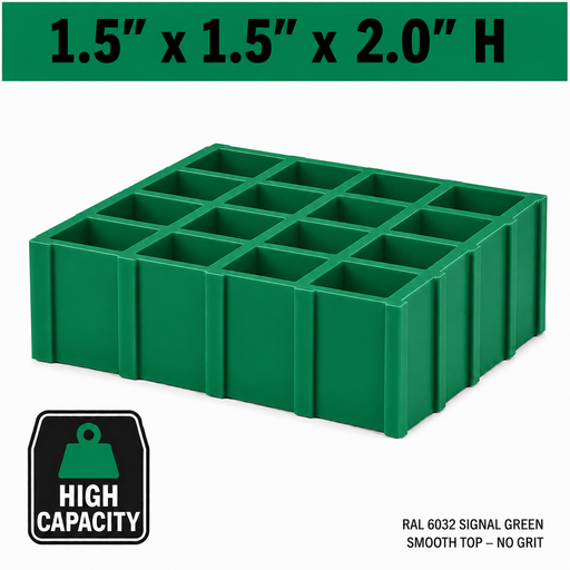 Grating - High Capacity, Profile: 1.5" x 1.5" x 2" H, Size: 4' W x 8' L, Fire Retardant: Yes, Grit: No, Color: RAL6032-SignalGreen, Resin: ISO