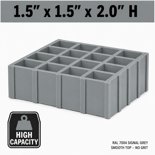 Grating - High Capacity, Profile: 1.5" x 1.5" x 2" H, Size: 4' W x 8' L, Fire Retardant: Yes, Grit: No, Color: RAL7004-SignalGrey, Resin: ISO