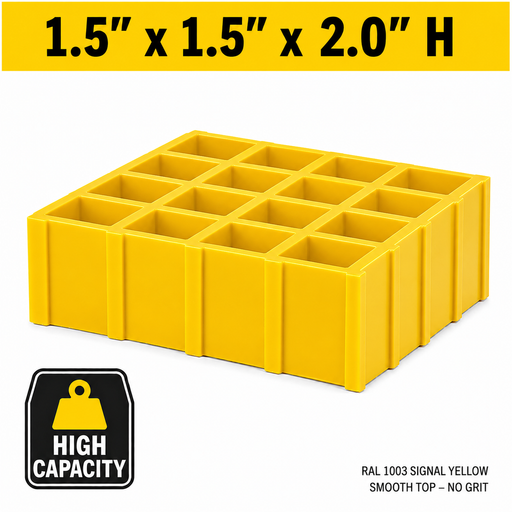 Grating - High Capacity, Profile: 1.5" x 1.5" x 2" H, Size: 4' W x 8' L, Fire Retardant: Yes, Grit: No, Color: RAL1003-SignalYellow, Resin: ISO