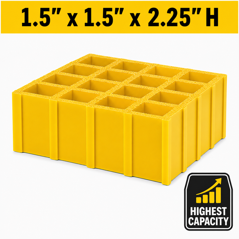 Grating - High Capacity, Profile: 1.5" x 1.5" x 2.25" H, Size: 4' W x 8' L, Fire Retardant: Yes, Grit: Yes, Color: RAL1003-SignalYellow, Resin: ISO