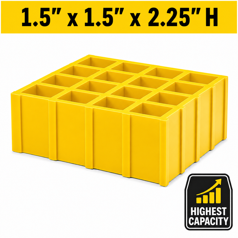 Grating - High Capacity, Profile: 1.5" x 1.5" x 2.25" H, Size: 4' W x 8' L, Fire Retardant: Yes, Grit: No, Color: RAL1003-SignalYellow, Resin: ISO