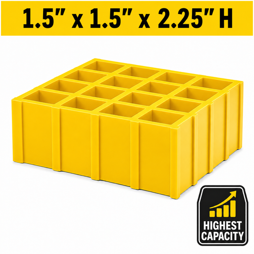 Grating - High Capacity, Profile: 1.5" x 1.5" x 2.25" H, Size: 4' W x 8' L, Fire Retardant: Yes, Grit: No, Color: RAL1003-SignalYellow, Resin: ISO