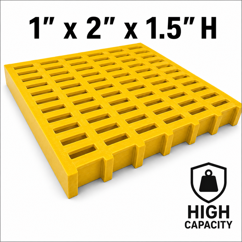Grating - High Capacity, Profile: 1" x 2" x 1.5" H, Size: 4' W x 8' L, Fire Retardant: Yes, Grit: No, Color: RAL1003-SignalYellow, Resin: ISO