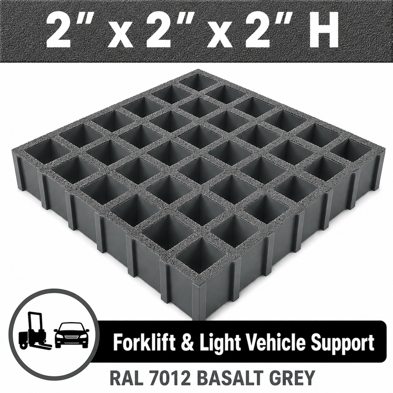 Grating - Standard, Profile: 2" x 2" x 2" H, Size: 4' W x 12' L, Fire Retardant: Yes, Color: RAL7012-BasaltGrey, Resin: ISO