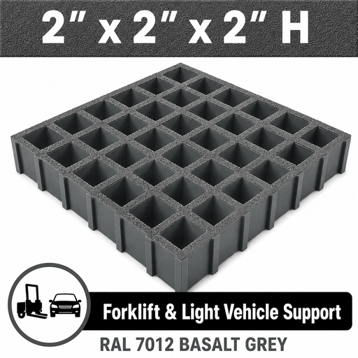 Grating - Standard, Profile: 2" x 2" x 2" H, Size: 4' W x 12' L, Fire Retardant: Yes, Color: RAL7012-BasaltGrey, Resin: ISO