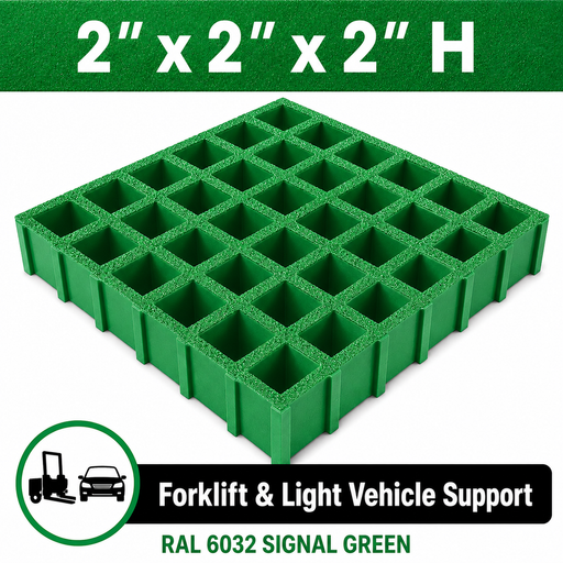 Grating - Standard, Profile: 2" x 2" x 2" H, Size: 4' W x 8' L, Fire Retardant: Yes, Color: RAL6032-SignalGreen, Resin: ISO