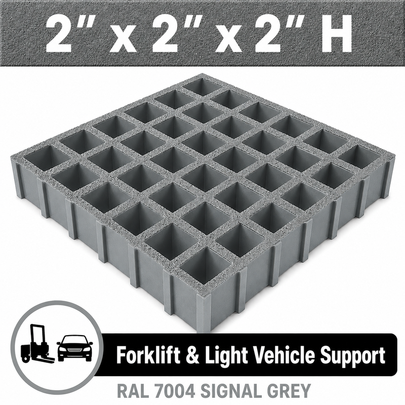 Grating - Standard, Profile: 2" x 2" x 2" H, Size: 4' W x 8' L, Fire Retardant: Yes, Color: RAL7004-SignalGrey, Resin: ISO