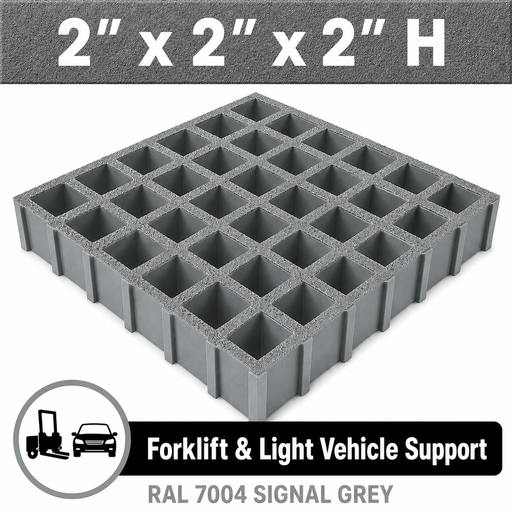 Grating - Standard, Profile: 2" x 2" x 2" H, Size: 4' W x 8' L, Fire Retardant: Yes, Color: RAL7004-SignalGrey, Resin: ISO
