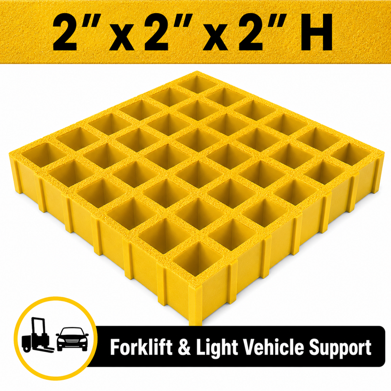 Grating - Standard, Profile: 2" x 2" x 2" H, Size: 4' W x 8' L, Fire Retardant: Yes, Color: RAL1003-SignalYellow, Resin: ISO