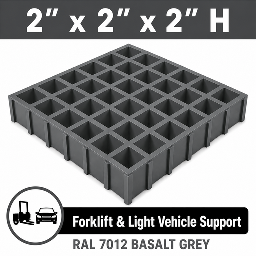 Grating - Standard, Profile: 2" x 2" x 2" H, Size: 4' W x 8' L, Fire Retardant: Yes, Color: RAL7012-BasaltGrey, Resin: ISO