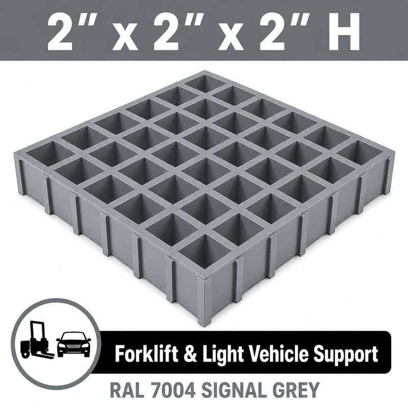 Grating - Standard, Profile: 2" x 2" x 2" H, Size: 4' W x 8' L, Fire Retardant: Yes, Color: RAL7004-SignalGrey, Resin: ISO