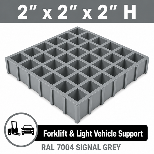 Grating - Standard, Profile: 2" x 2" x 2" H, Size: 4' W x 8' L, Fire Retardant: Yes, Color: RAL7004-SignalGrey, Resin: ISO